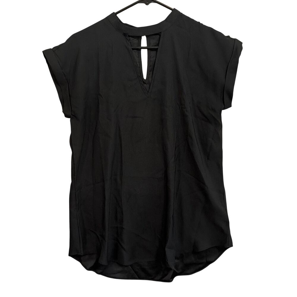 Express Womens Blouse Black V Neck Key Hole Cap Sleeve Stretch Medium